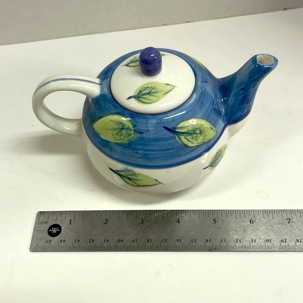 Royal Norfolk Blue and Green Leaf Hand Painted Ceramic Teapot with Lid 7